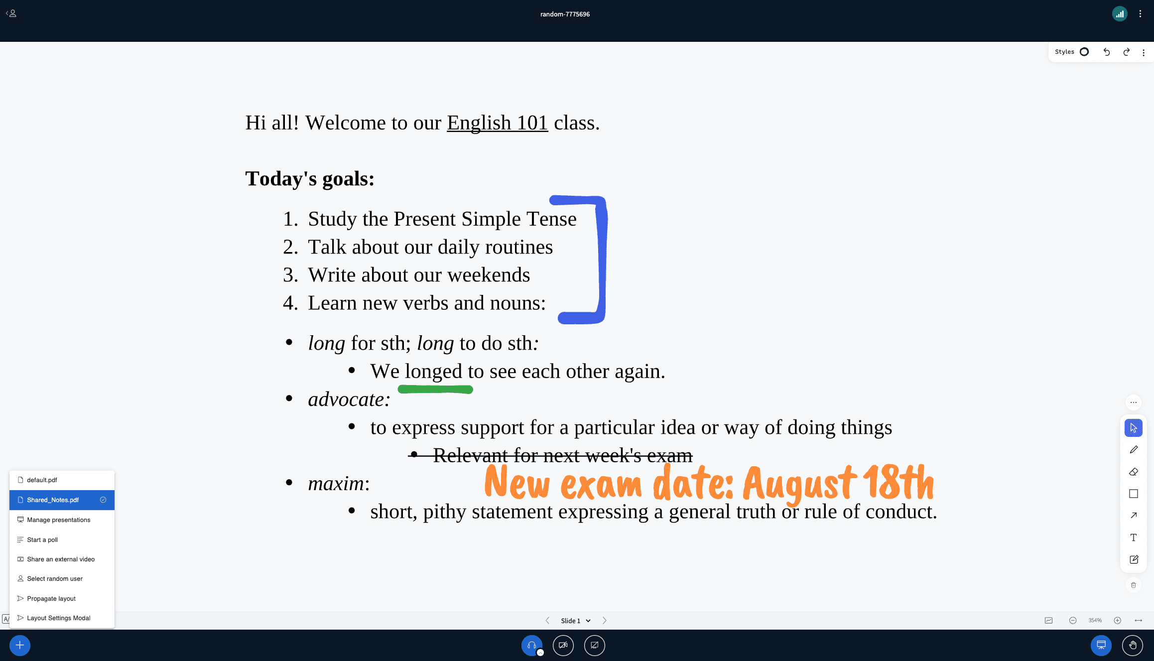 BigBlueButton&#39;s whiteboard with annotations, with imported shared notes as the presentation